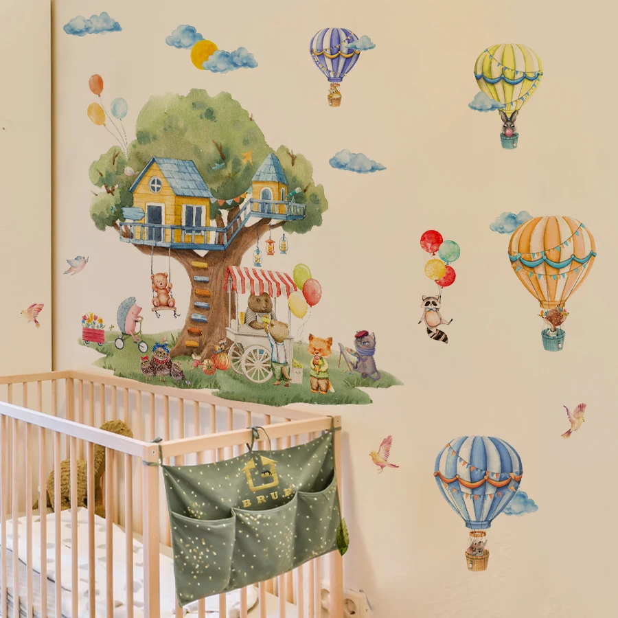 Cartoon Tree & Balloon Animals Wall Decals - Large Removable Vinyl Stickers For Kids Room Playroom Whimsical Forest Theme Decor
