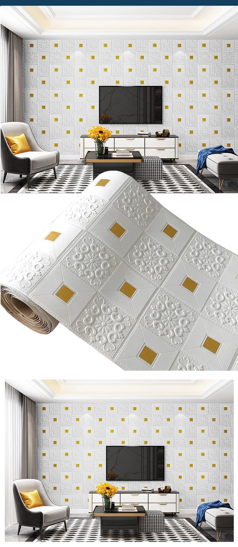 70cm*1/5/10m 3D Stereo Wall Stickers Self-adhesive Ceiling Decor Stickers Living Room Bedroom TV Background Waterproof Wallpaper