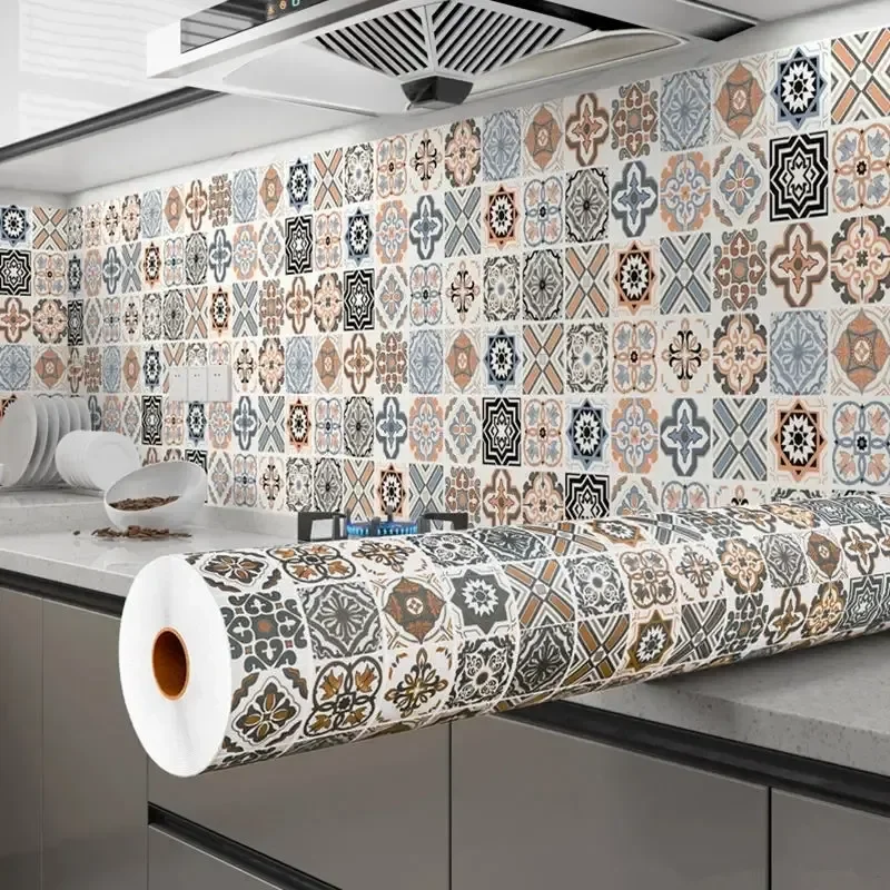 40cm European Style Oil Proof Kitchen Furnitur Wall Stickers Self Adhesive PVC Bathroom Tile Waterproof Cabinet Wallpaper