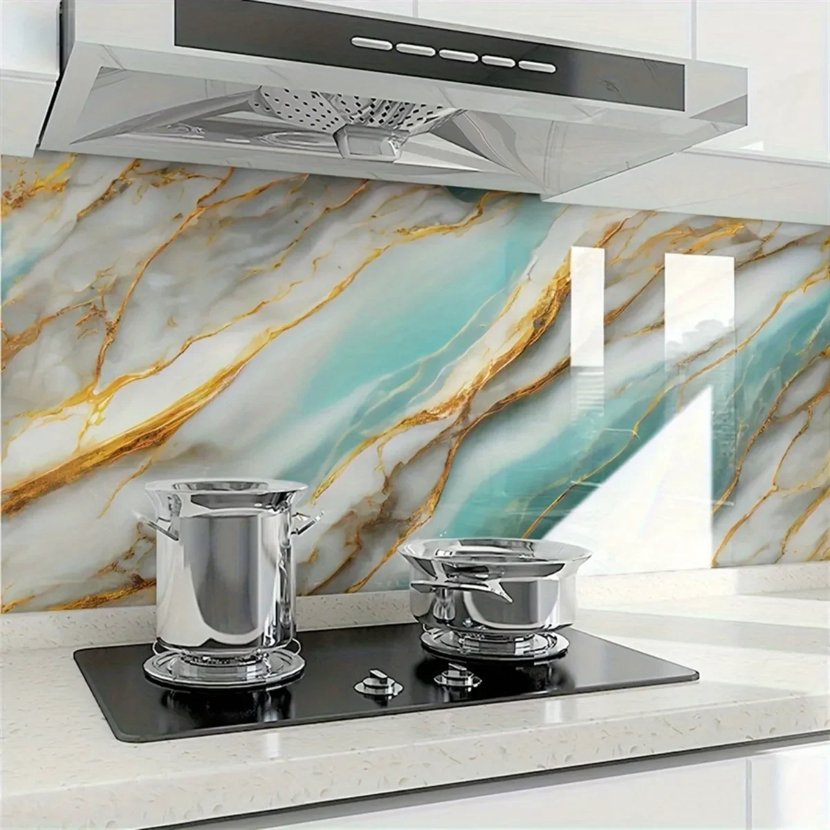 8M Marble Decor Stickers Self Adhesive Waterproof Oil Proof Aluminum Foil Wallpaper for Kitchen Cabinet Countertop Renovation