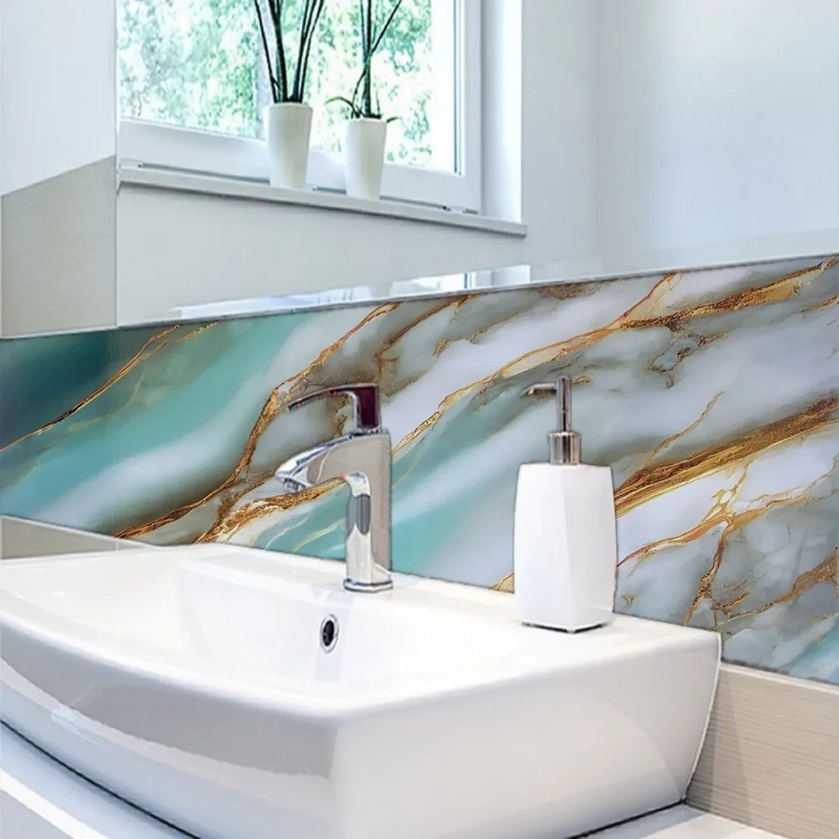 8M Marble Decor Stickers Self Adhesive Waterproof Oil Proof Aluminum Foil Wallpaper for Kitchen Cabinet Countertop Renovation