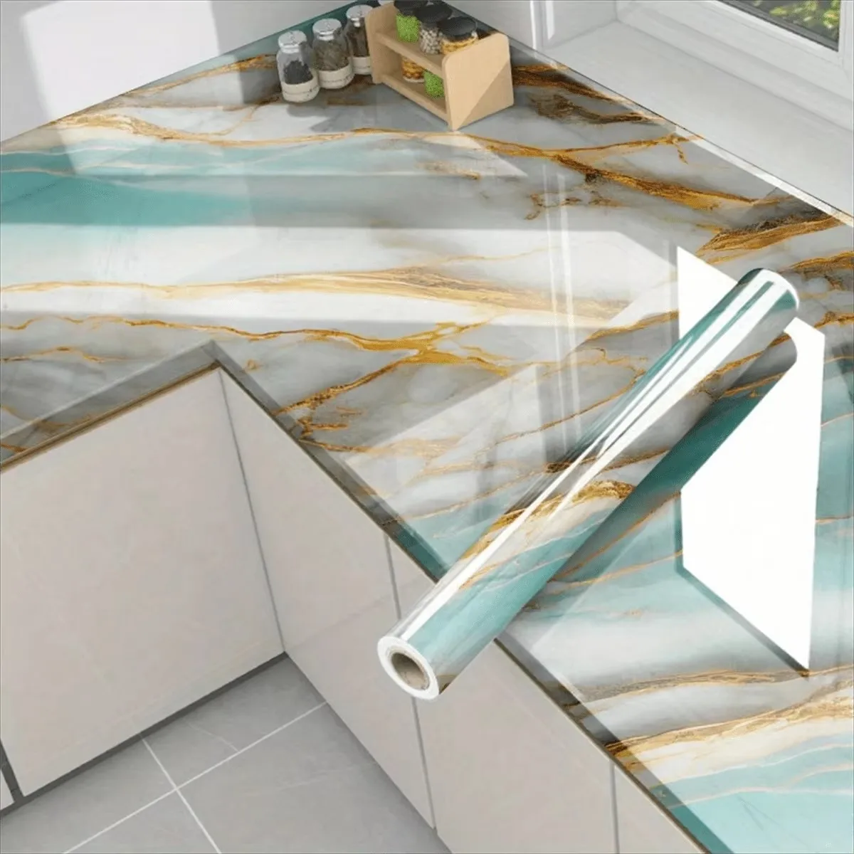 8M Marble Decor Stickers Self Adhesive Waterproof Oil Proof Aluminum Foil Wallpaper for Kitchen Cabinet Countertop Renovation