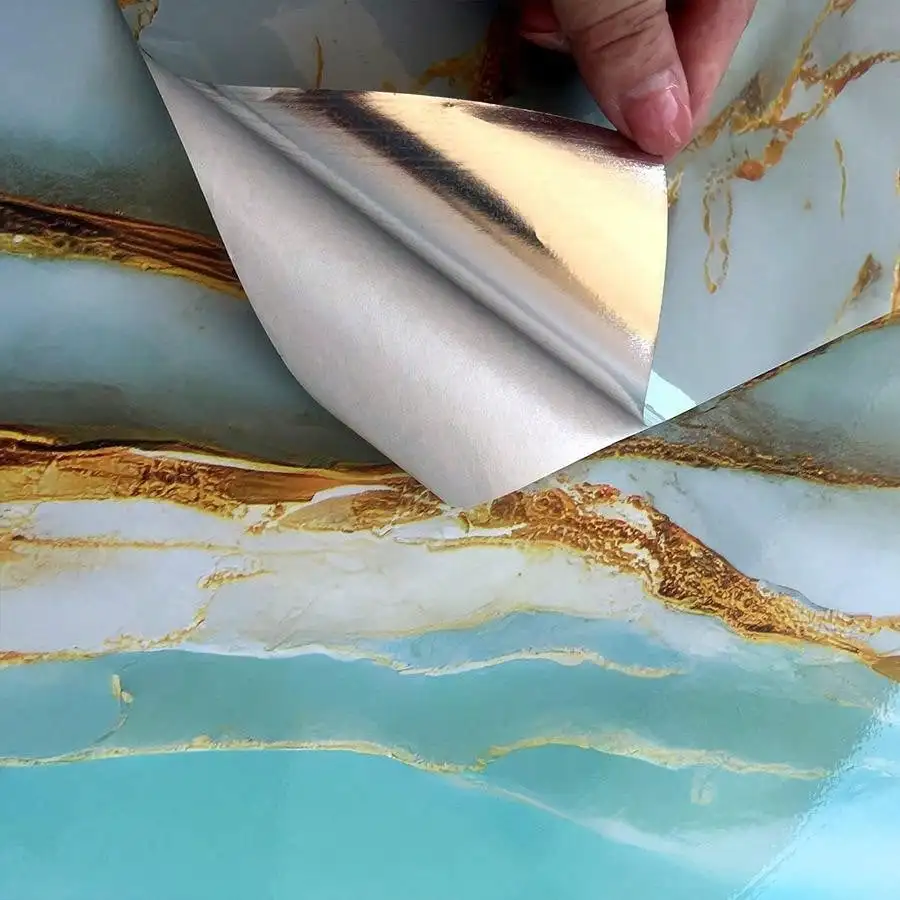 8M Marble Decor Stickers Self Adhesive Waterproof Oil Proof Aluminum Foil Wallpaper for Kitchen Cabinet Countertop Renovation