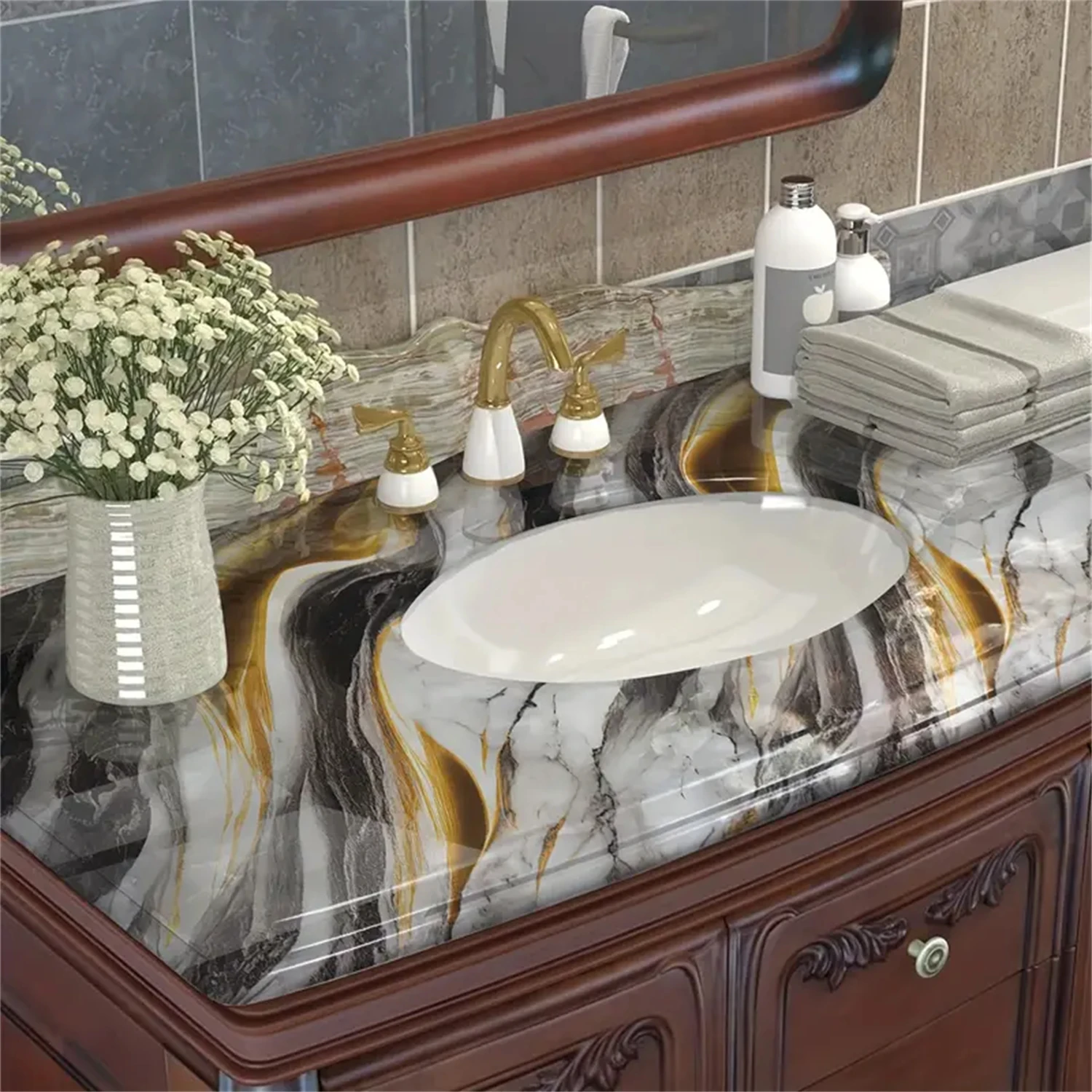 8M Marble Decor Stickers Self Adhesive Waterproof Oil Proof Aluminum Foil Wallpaper for Kitchen Cabinet Countertop Renovation
