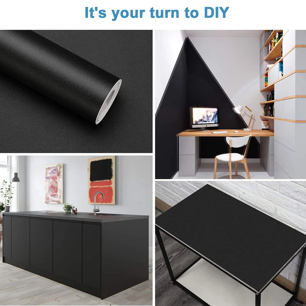 Black Matte Wallpaper 80cm Width Waterproof Vinyl Self-Adhesive Contact Paper Peel and Stick Wall Covering for Living Room Bedro
