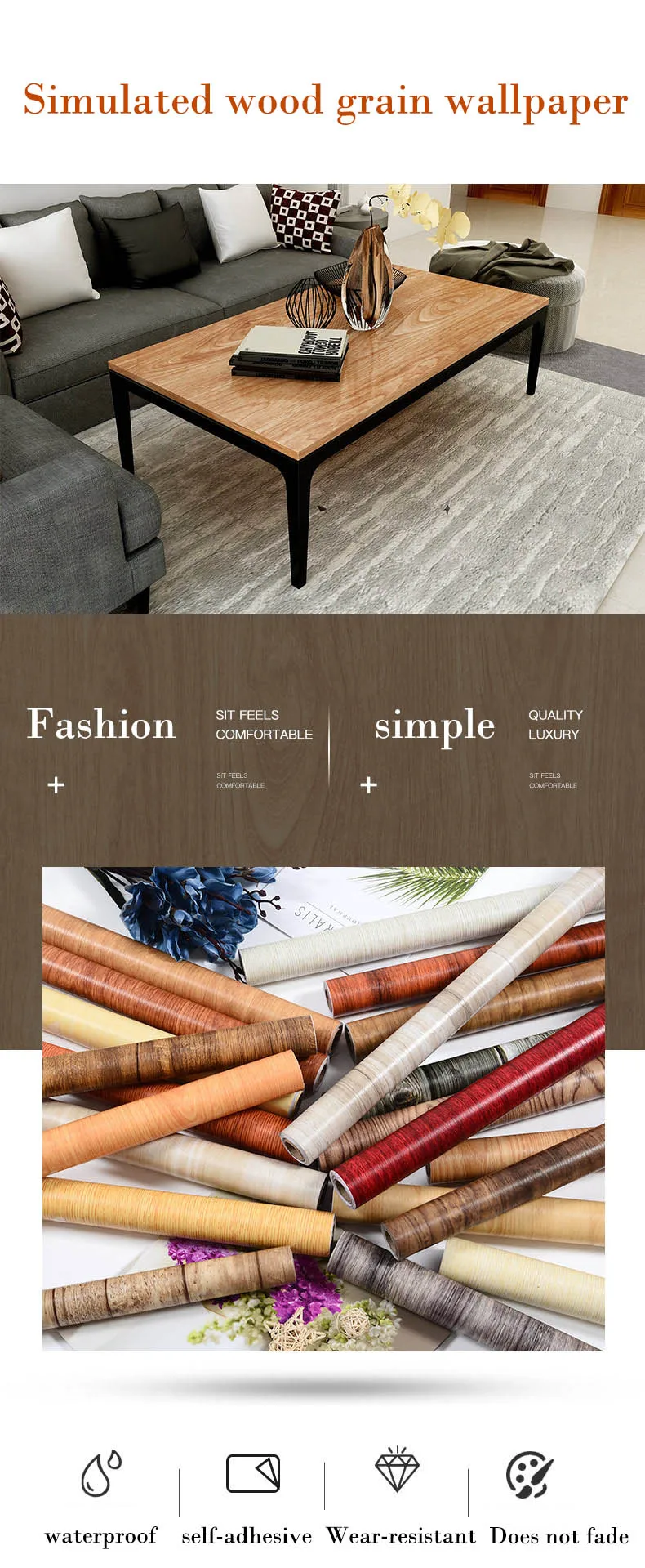 45cm Big Roll Home Decoration Background Wall Desk Cabinet Wallpaper Wood Stripes Waterproof PVC Self-adhesive Wall Stickers