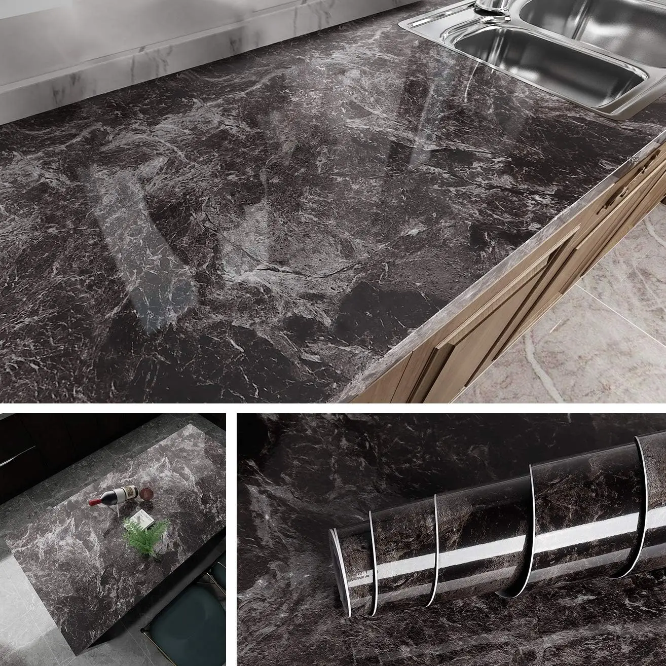 Marble Self-Adhesive Film - Water/Oil Resistant PVC Wallpaper for Kitchen Backsplash & Countertops - Peel & Stick