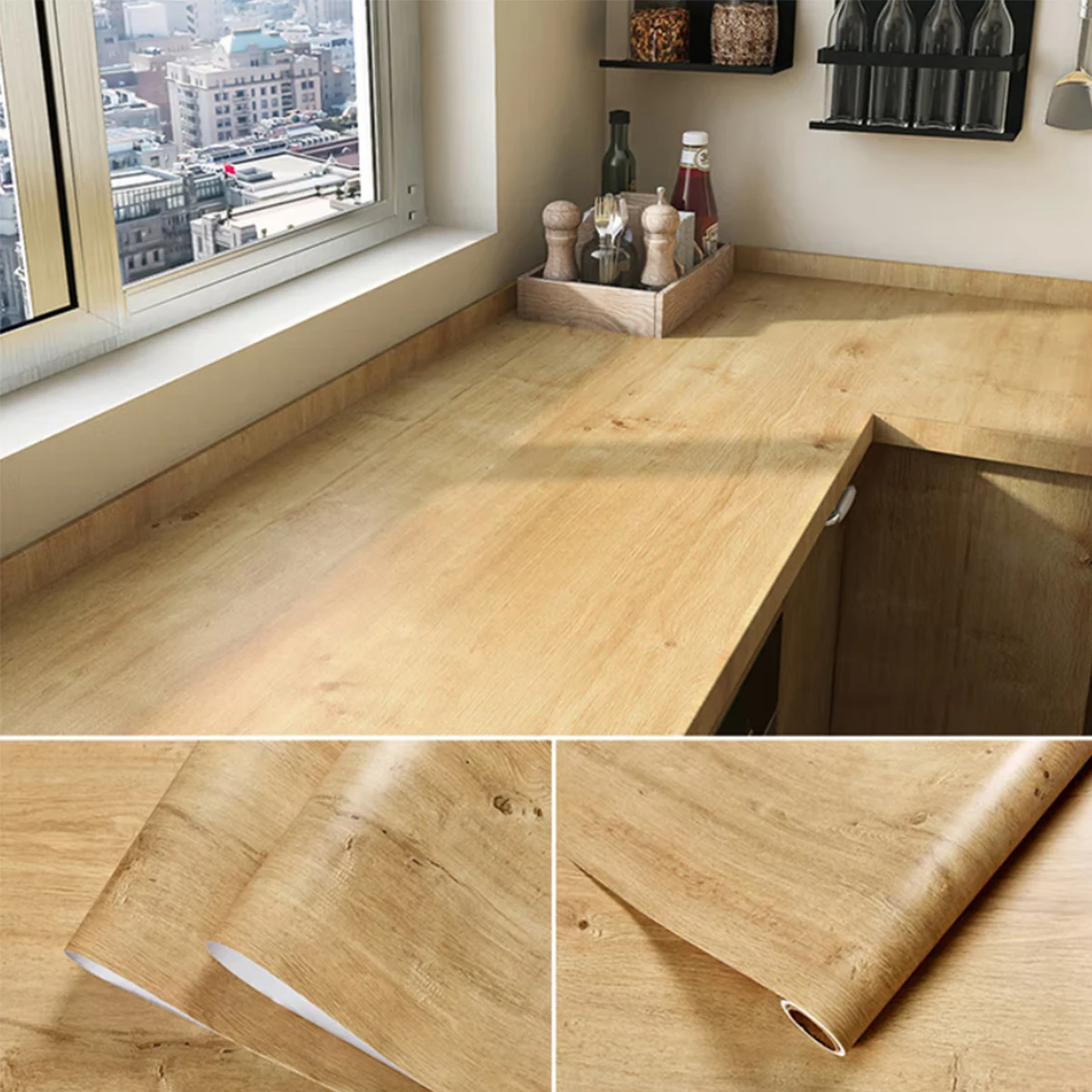 Adhesive Wallpaper Roll with 5 Meters Waterproof Wood Grain Sticker Wardrobe Cabinet Desktop Door Furniture Renovation Stickers
