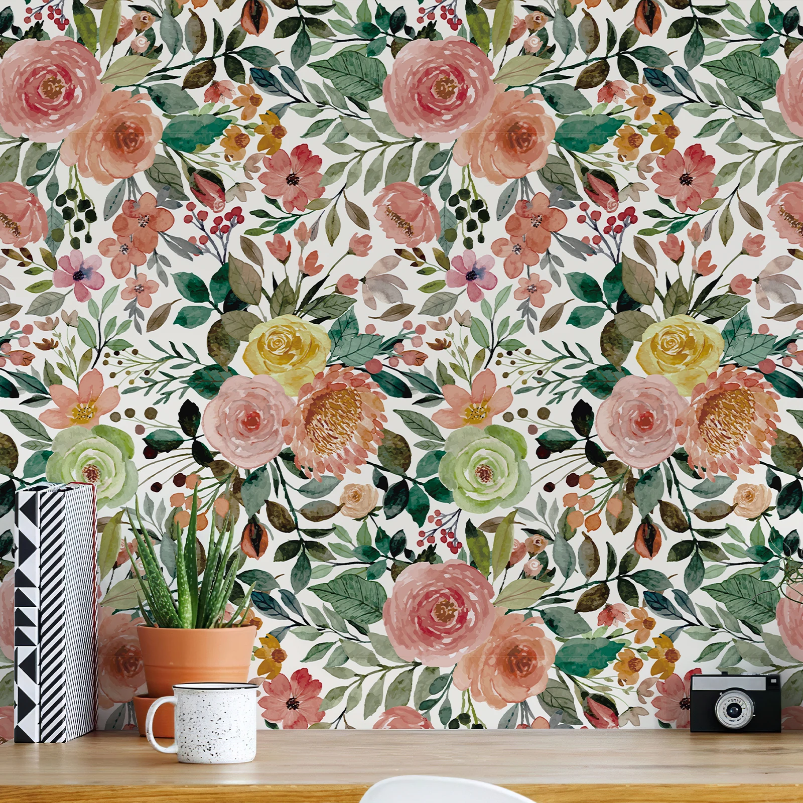 Pink Floral Peel And Stick Wallpaper Classic Green Leaves Watercolor Home Wall Decor Waterproof Flower Furniture Cabinet Sticker