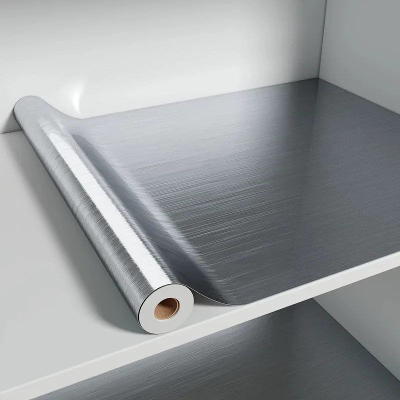 40cm PVC Waterproof Vinyl Wallpaper Stainless Brushed Silver Removable Film for Kitchen Elevator House Appliance Oil-Proof Decor