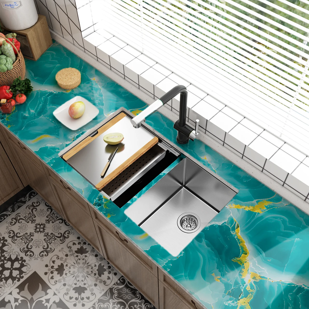 Blue Kitchen Sticker Household Marble Self-adhesive Wallpaper Waterproof and Oil Resistant PVC Wall Sticker Self-adhesive