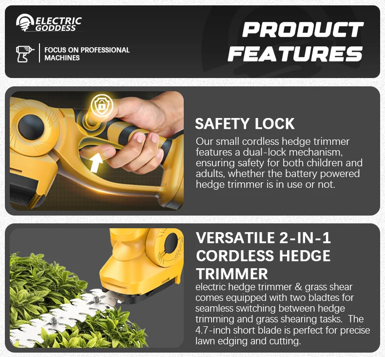 Electric Goddess Brushless For Dewalt 20V Battery Pin 2 in 1 Cordless Grass Shears Garden Hedge Trimmer Rechargeable Power Tool