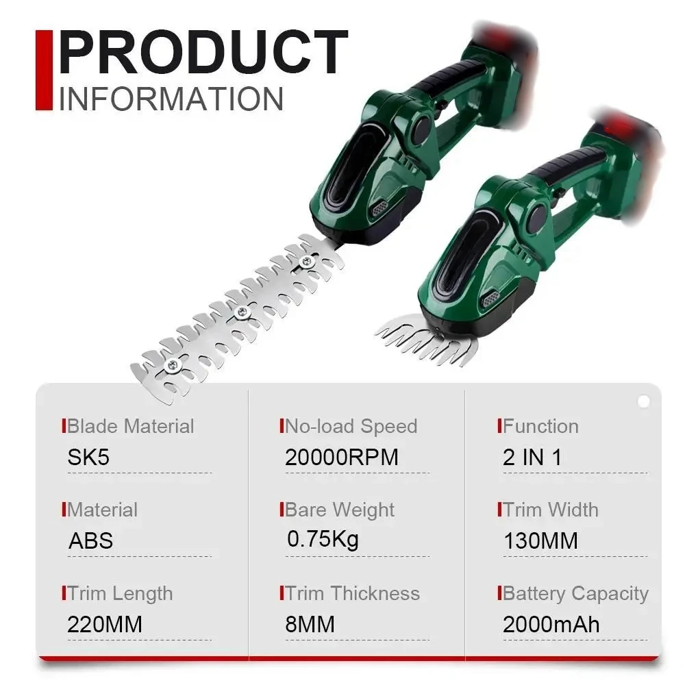 20000RPM Electric Brushless Trimmer Handheld 2 IN 1 Cordless Electric Hedge Trimmer for Makita 18V Battery Home Gardening Tools