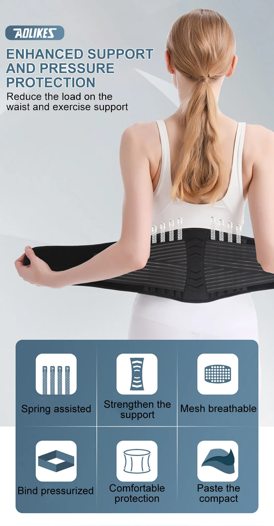 AOLIKES Adjustable Back Lumbar Support Belt Breathable Waist Brace Strap for Lower Back Pain Relief, Scoliosis, Herniated Disc