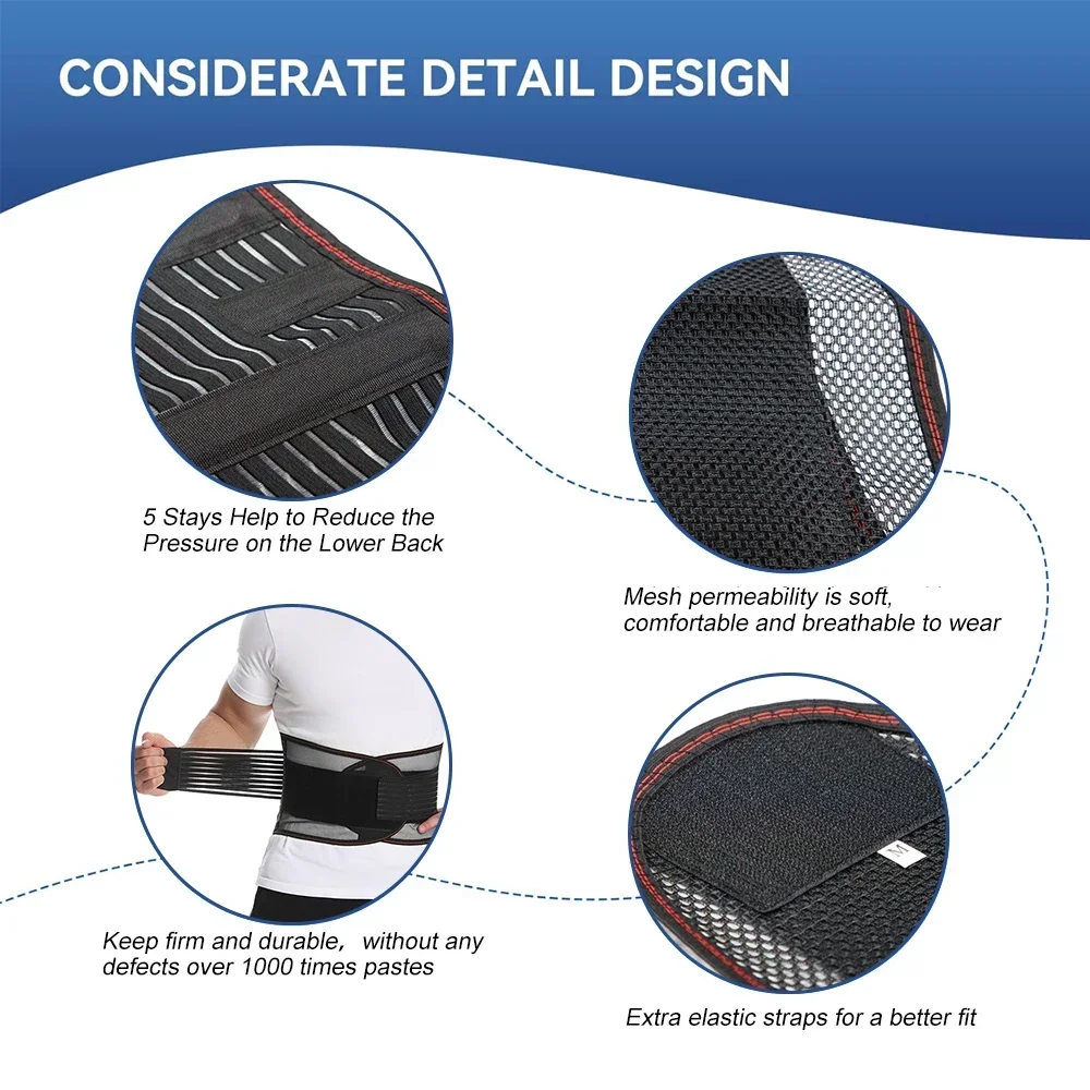Back Brace for Lower Back Pain Relief with 5 Stays & Dual Adjustable Straps, Breathable Anti-Skid Lumbar Support for Men Women