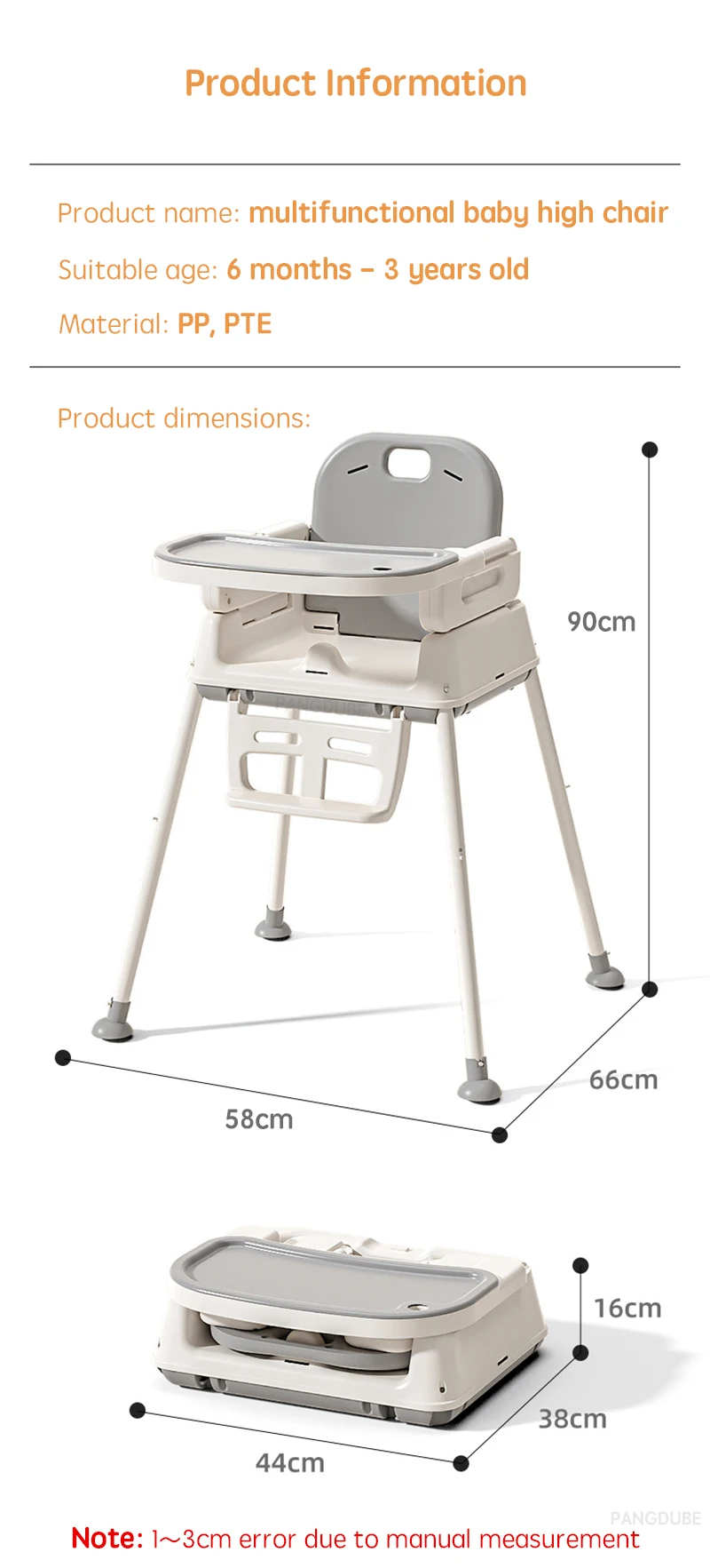 PANGDUBE Foldable Baby High Chair Portable Infant Feeding Seat Convertible Booster Toddler Meal Chair with Wheels Tray