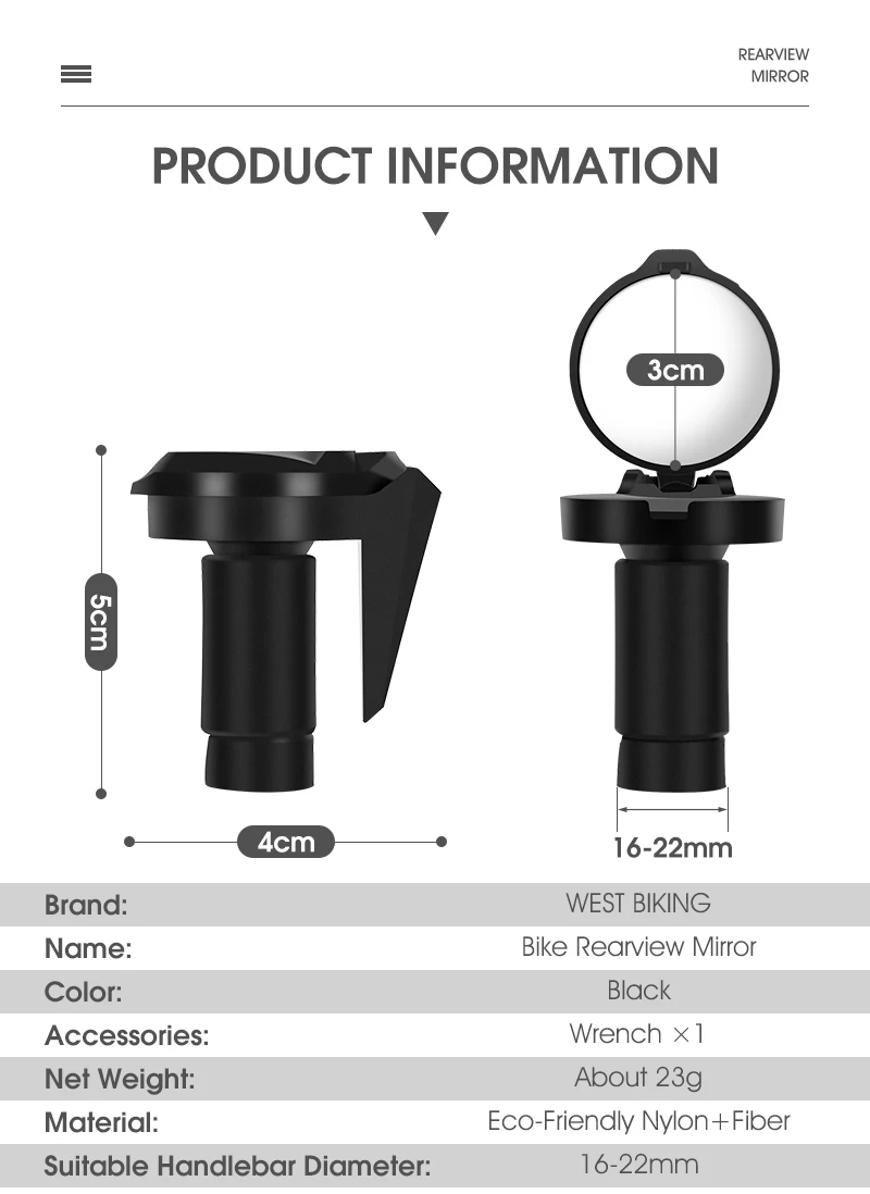WEST BIKING Bike Rearview Mirror Universal Adjustable Convex Mirrors Rotate Handlebar End Mirror MTB Road Bike Accessories