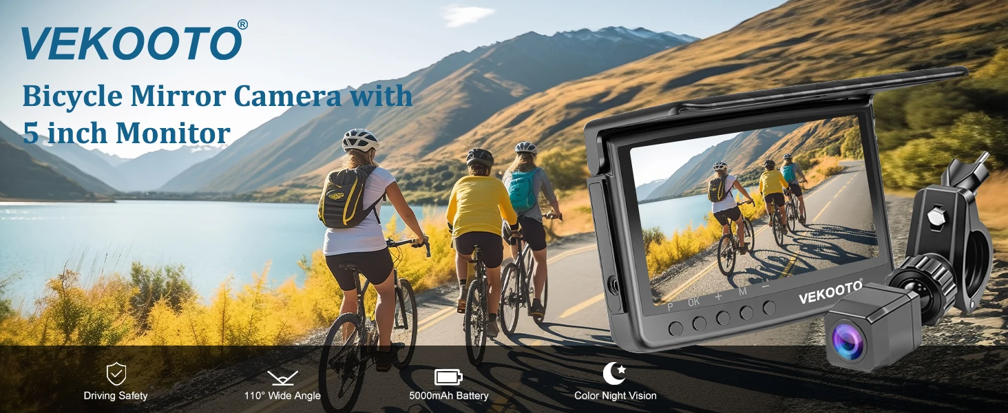 1080P 5" HD Display Bicycle Rear View Camera Real-Time Road Monitoring Night Vision Waterproof Bike Backup Camera for MTB E-Bike