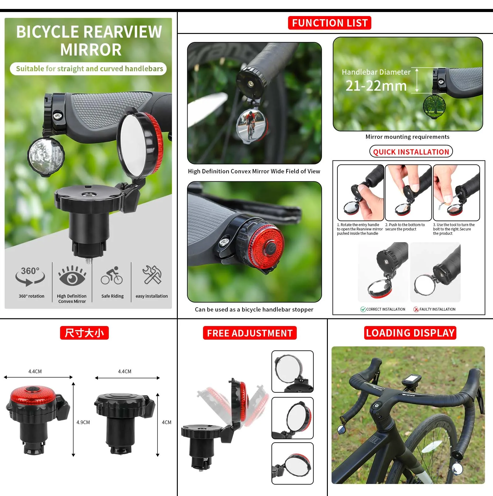 1/2pcs Bicycle Rearview Mirror Adjustable Rotate Cycling Handlebar Led Warning Light Rear View Mirrors Bike Accessories