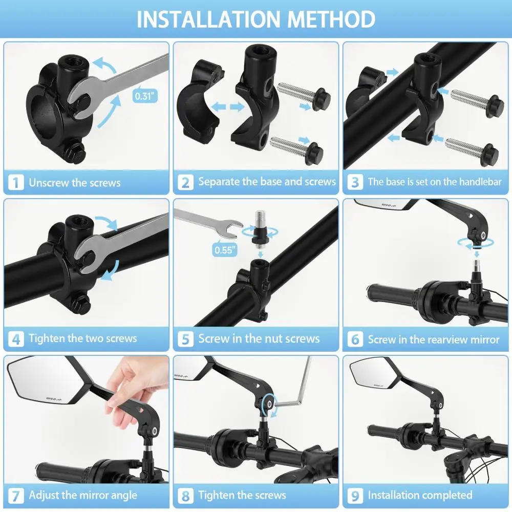 Tolex Bicycle Rearview Mirrors Adjustable 360° Rotate MTB Road Bike Handlebar RearView Mirrors Bicycle Accessories
