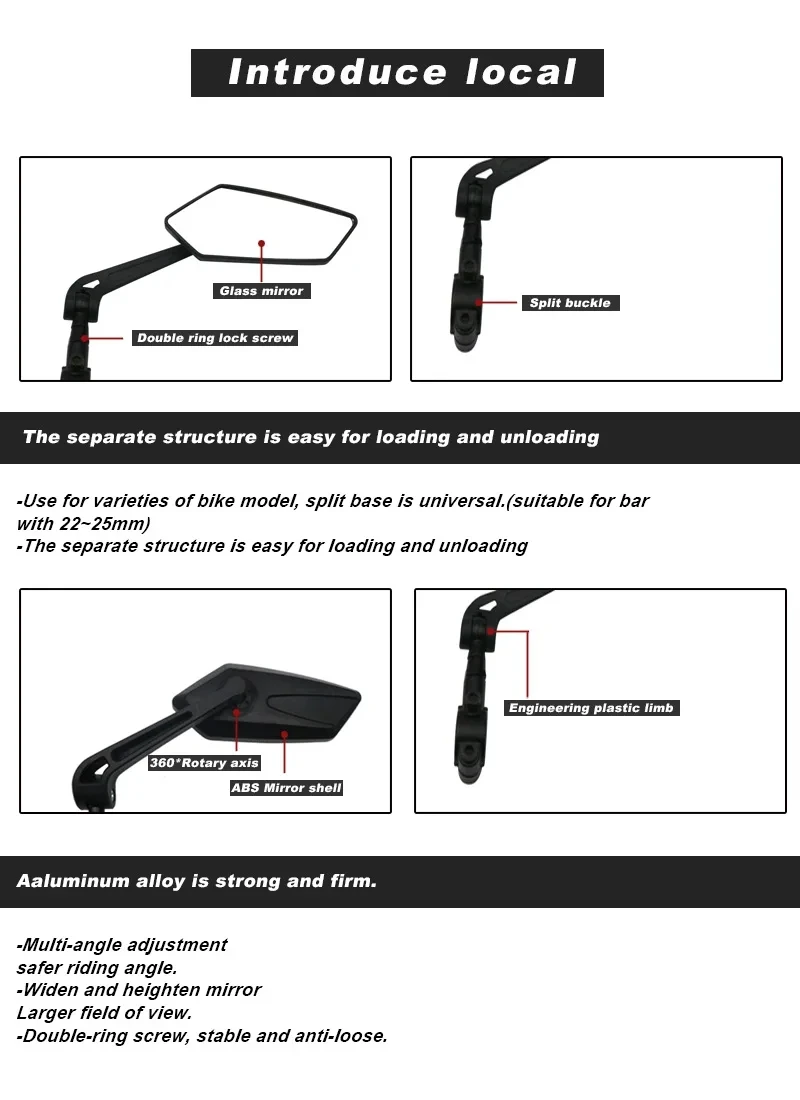 RIDERACE Bicycle Rear View Mirror Clear Bike Wide Range Back Sight Rearview Reflector Adjustable Handlebar Left Right Mirror