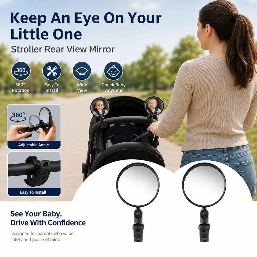 2-Piece Set Baby Stroller Rearview Mirror - Universal Fit, No Installation Required, Baby Walker Safety Accessory Compact Design