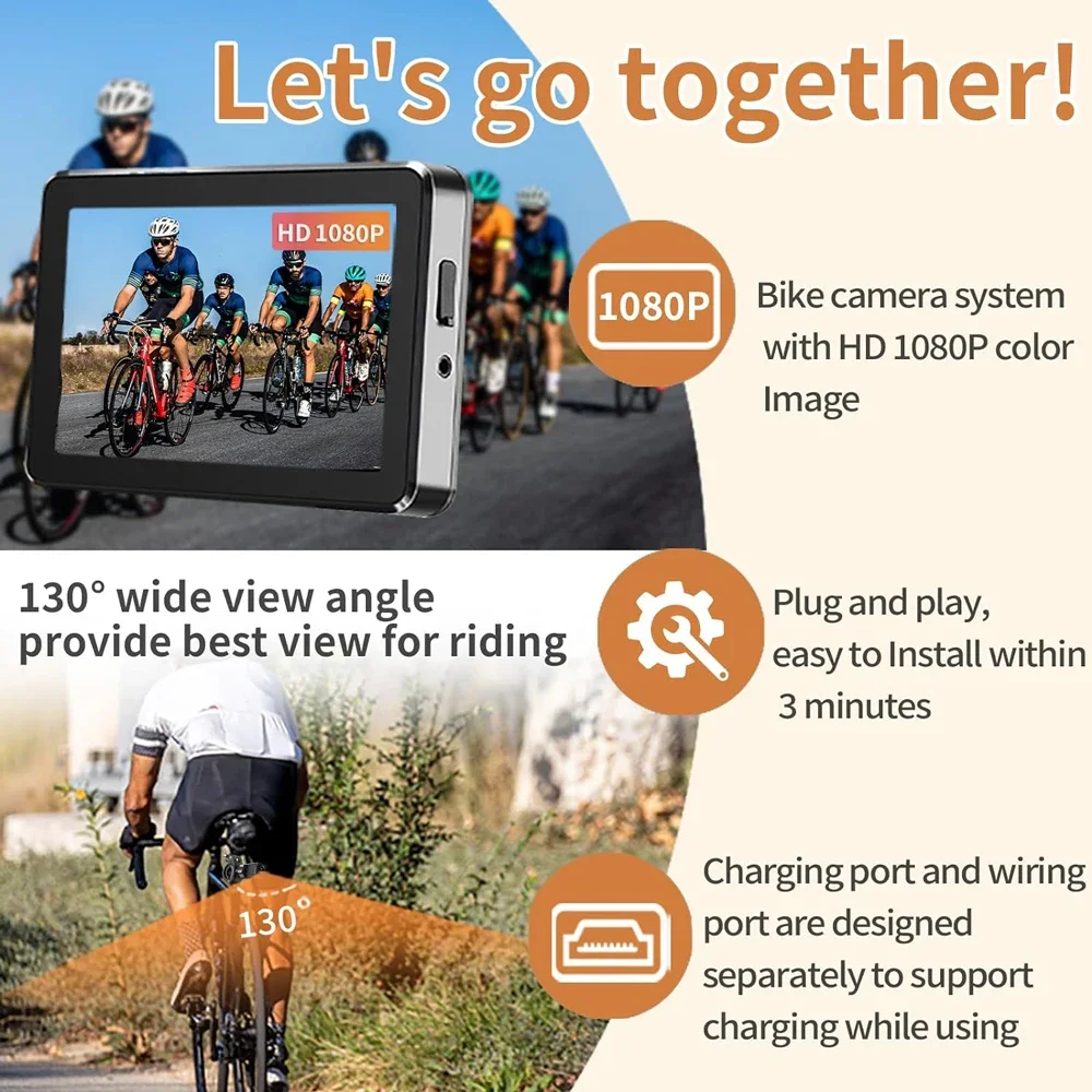Universal 1080P Bike Rear View Camera 4.3" Monitor HD Night Vision Wide Angle for Mountain Road Bicycle Cycling