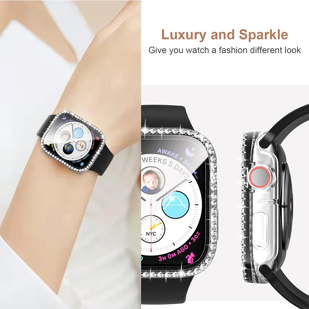 Glitter Tempered Glass Case for Apple Watch Series 10 46MM 42MM Ultra 3 2 9 49MM 45MM 41MM 40MM 44MM Screen Protector Protection