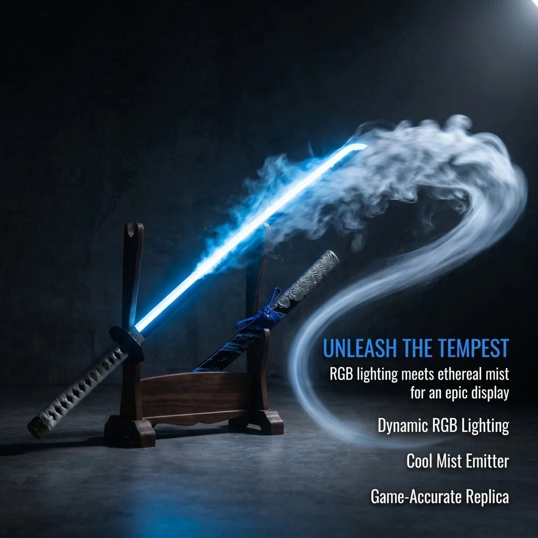 40in Ghost of Tsushima Mist Katana LED Light Ninja Knife Vapor Glow Schwert Japanese Original Samurai Sabre Unsharpened Toy Gift