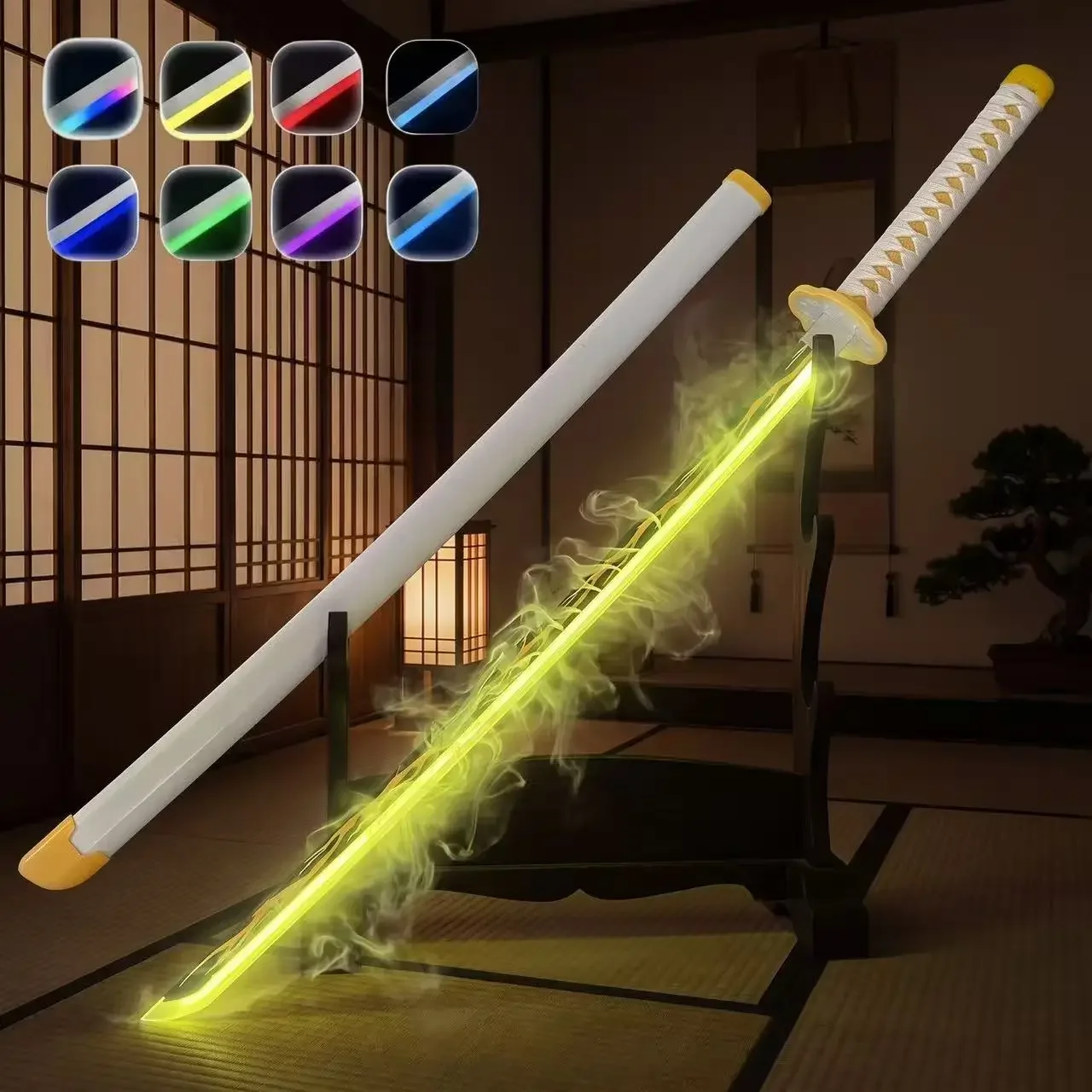 43cm 16.93inch Demon Slayer Zenitsu Nichirin Sword Cosplay Replica Wood Prop Light Up Smoke Effect Anime Decor Display Gift