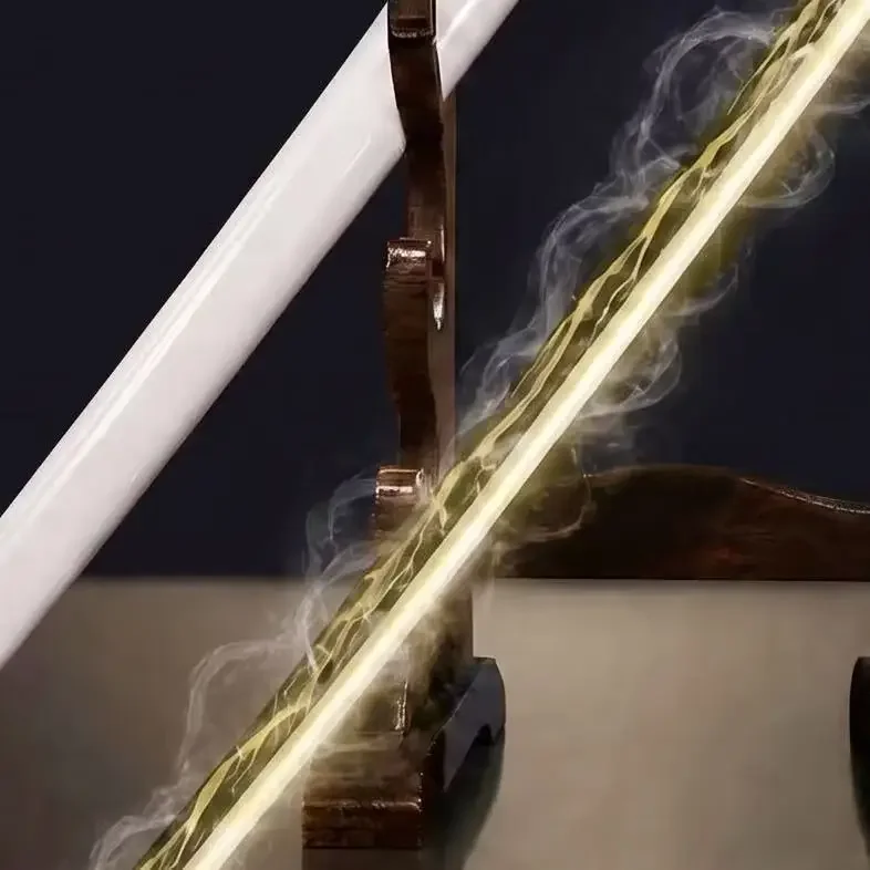 43cm 16.93inch Demon Slayer Zenitsu Nichirin Sword Cosplay Replica Wood Prop Light Up Smoke Effect Anime Decor Display Gift