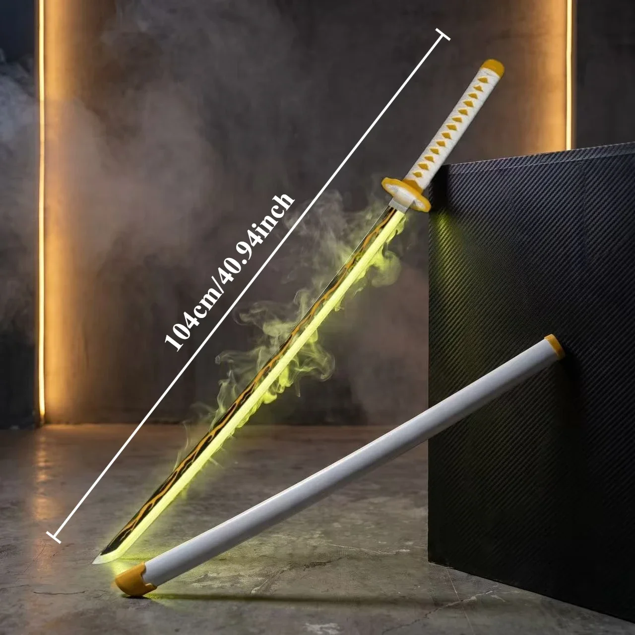 43cm 16.93inch Demon Slayer Zenitsu Nichirin Sword Cosplay Replica Wood Prop Light Up Smoke Effect Anime Decor Display Gift