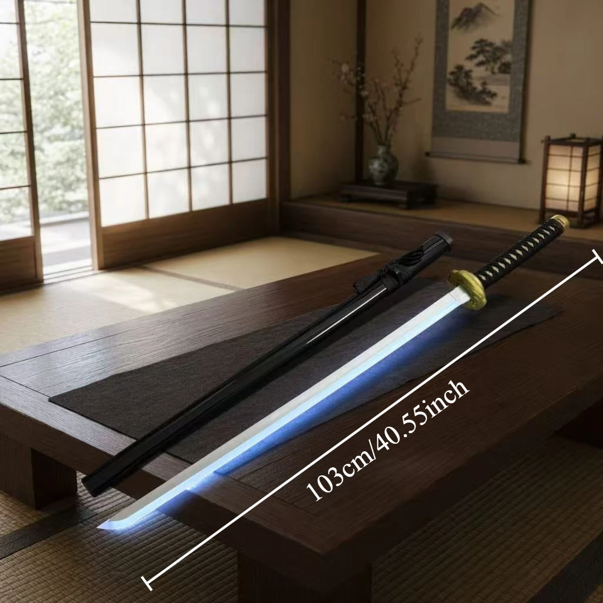 40.94Inch 104cm Wooden Kagurabachi LED Luminous Katana Black White Wrapped Grip Gold Fitting Glossy Scabbard Anime Cosplay Prop