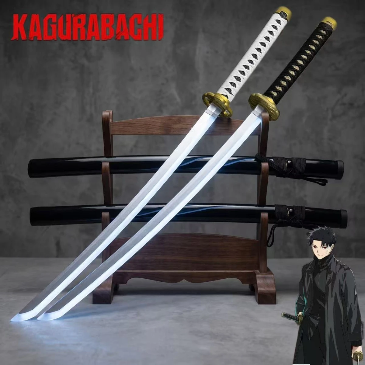 40.94Inch 104cm Wooden Kagurabachi LED Luminous Katana Black White Wrapped Grip Gold Fitting Glossy Scabbard Anime Cosplay Prop