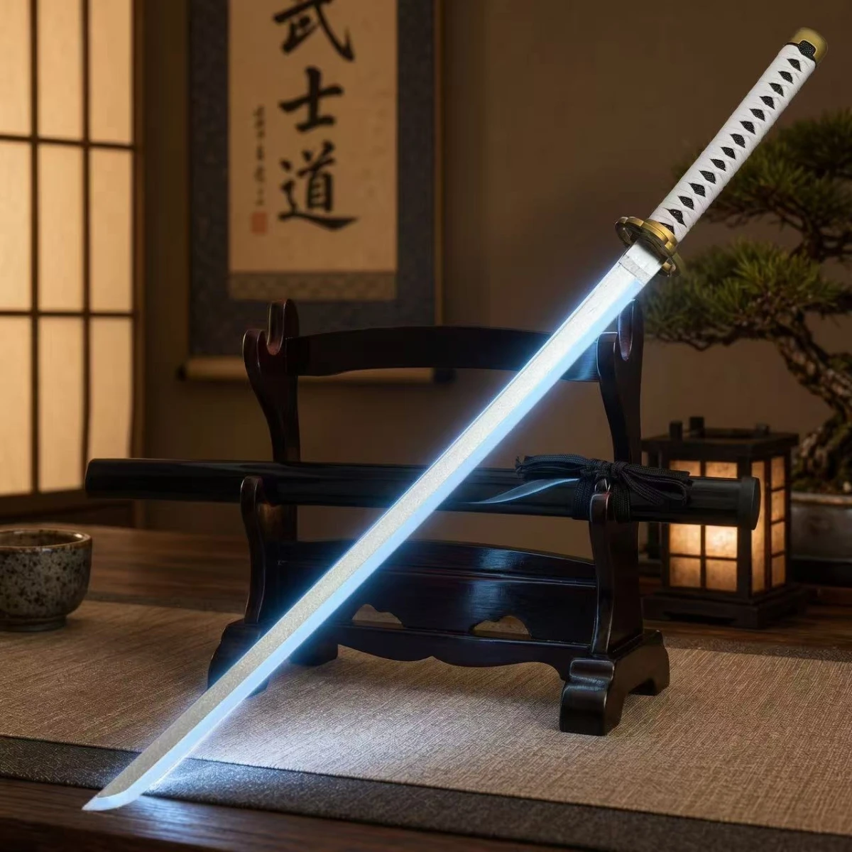 40.94Inch 104cm Wooden Kagurabachi LED Luminous Katana Black White Wrapped Grip Gold Fitting Glossy Scabbard Anime Cosplay Prop