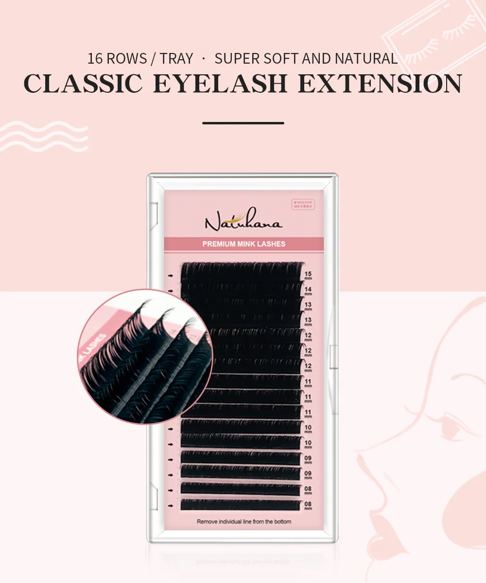 NATUHANA Mink Lashes Mix 8~15 mm 16 Lines Handmade Korean Pbt Eyelash Extension Natural Soft Faux Lash Extension Supplies Makeup