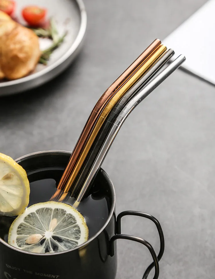 UPORS Reusable Drinking Straw 304 Stainless Steel Straws Straight Bent Metal Straw with Cleaner Brush Pouch Wholesale