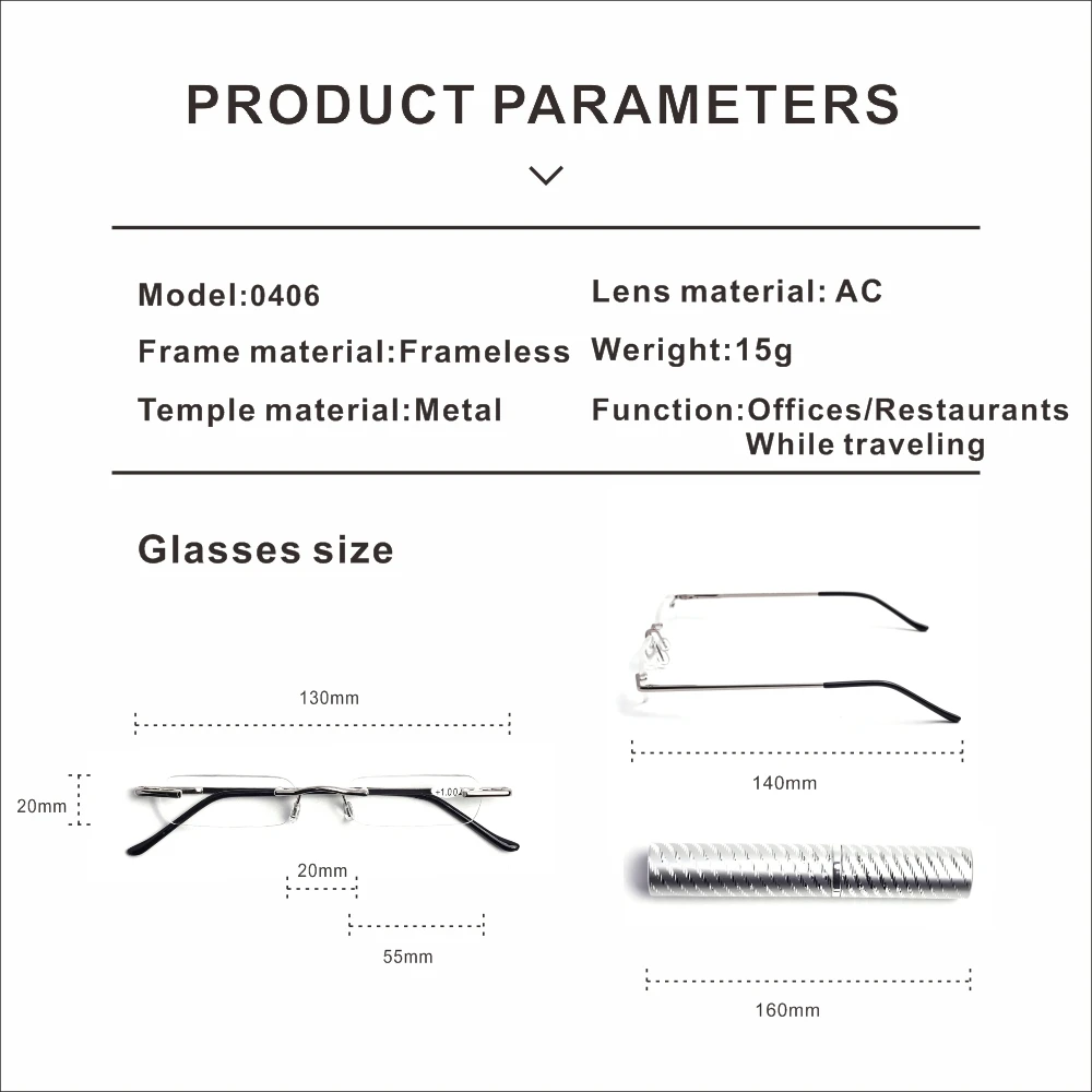 Premium Frameless Reading Glasses for Travel Spiral Metallic Tube Case Spring Hinges Lightweight for Men & Women