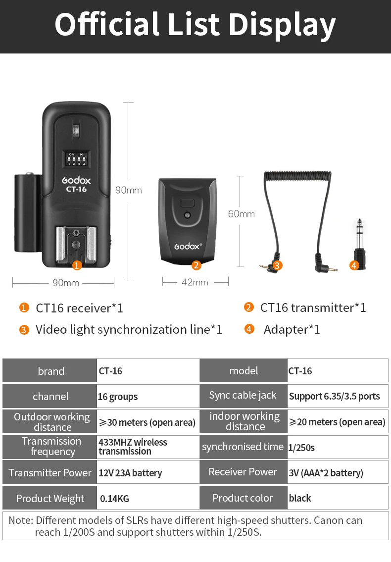 Godox CT-16 16 Channels Wireless Radio Flash Trigger Transmitter + Receiver Set for Canon Nikon Pentax Studio Speedlite Flash