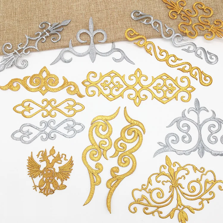 Iron On Appliques Embroidered Patches Lace Fabric Decoration Vintage Dress Costumes Diy Trims Gold Silver HB50