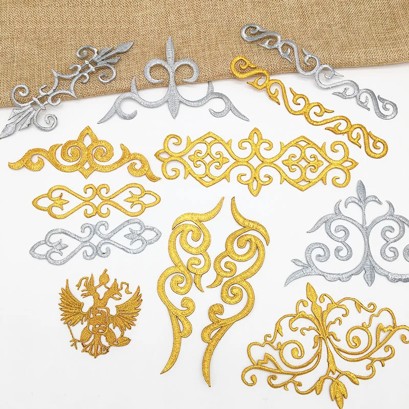 Iron On Appliques Embroidered Patches Lace Fabric Decoration Vintage Dress Costumes Diy Trims Gold Silver HB50