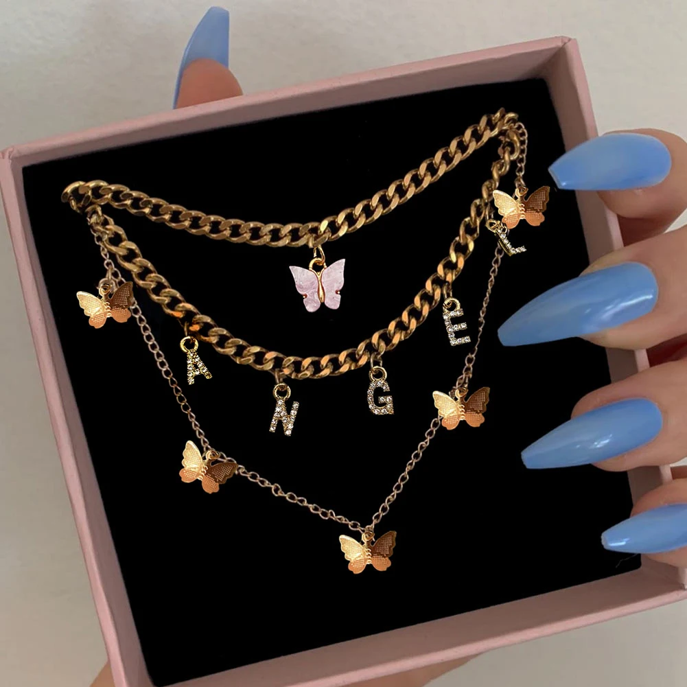 New Multi Layer Butterfly Dragon Charms Crystal Necklaces For Women Punk Golden Angel Letter Clavicle Chain Hiphop Gifts Jewelry