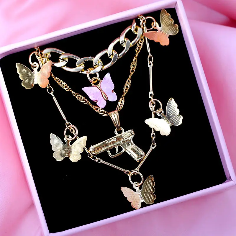 New Multi Layer Butterfly Dragon Charms Crystal Necklaces For Women Punk Golden Angel Letter Clavicle Chain Hiphop Gifts Jewelry