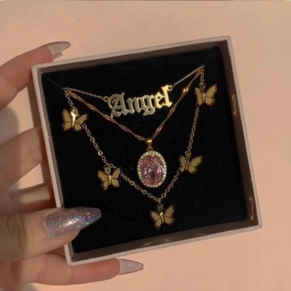 New Multi Layer Butterfly Dragon Charms Crystal Necklaces For Women Punk Golden Angel Letter Clavicle Chain Hiphop Gifts Jewelry