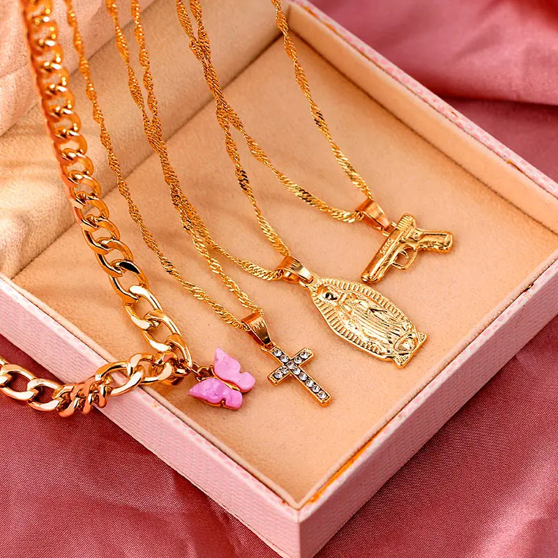 New Multi Layer Butterfly Dragon Charms Crystal Necklaces For Women Punk Golden Angel Letter Clavicle Chain Hiphop Gifts Jewelry