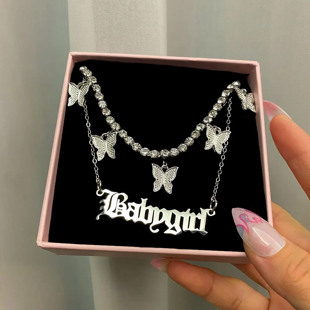New Multi Layer Butterfly Dragon Charms Crystal Necklaces For Women Punk Golden Angel Letter Clavicle Chain Hiphop Gifts Jewelry