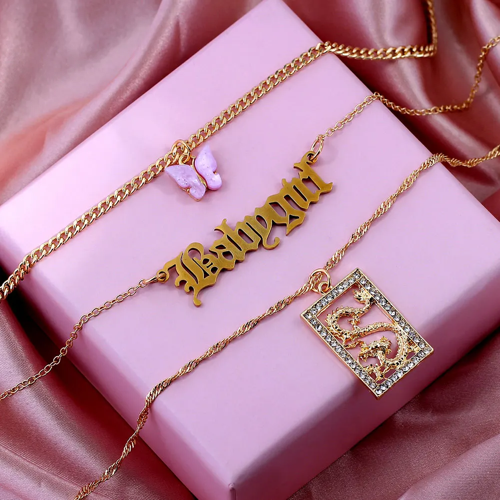 New Multi Layer Butterfly Dragon Charms Crystal Necklaces For Women Punk Golden Angel Letter Clavicle Chain Hiphop Gifts Jewelry