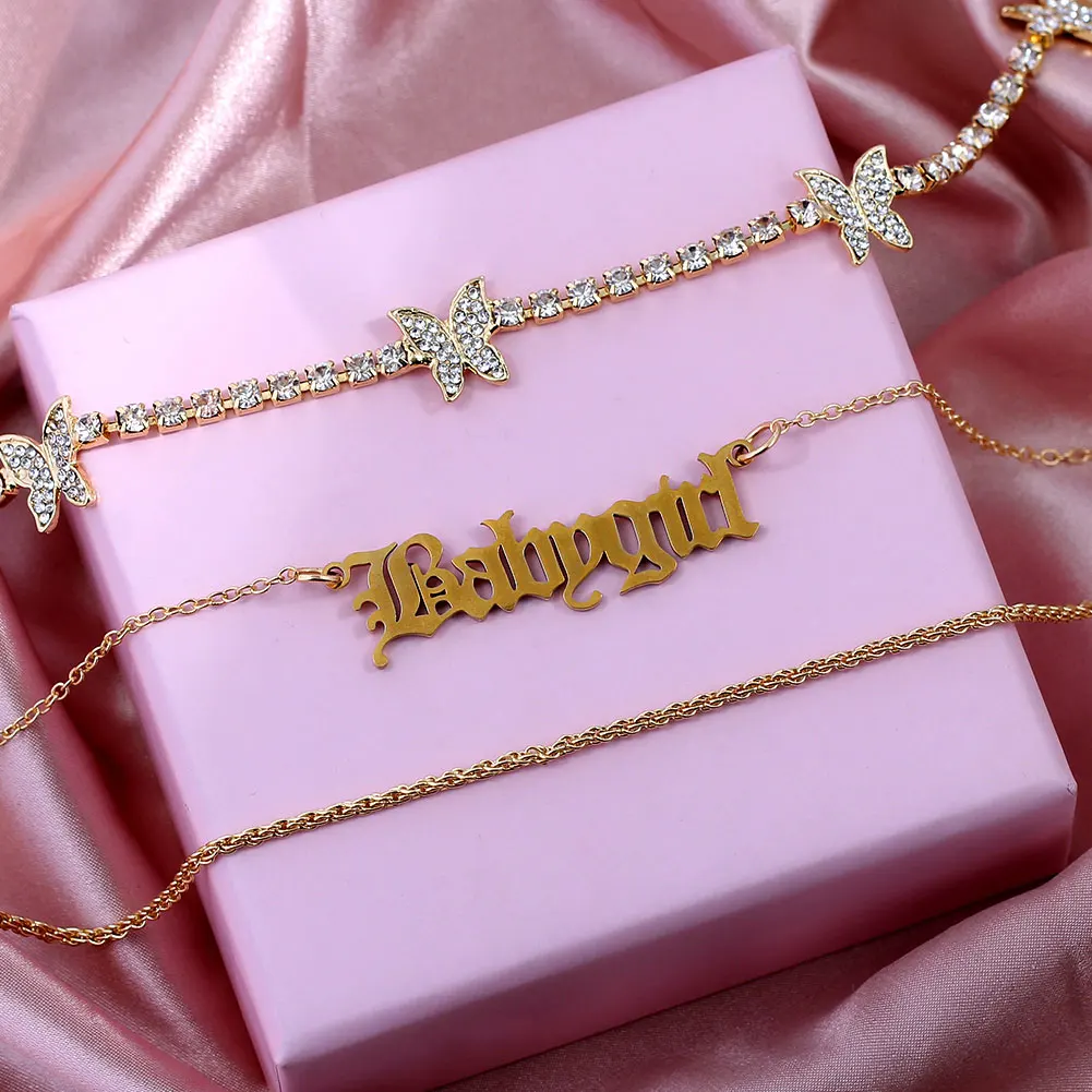 New Multi Layer Butterfly Dragon Charms Crystal Necklaces For Women Punk Golden Angel Letter Clavicle Chain Hiphop Gifts Jewelry