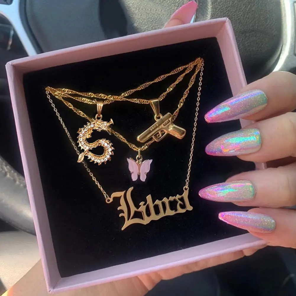 New Multi Layer Butterfly Dragon Charms Crystal Necklaces For Women Punk Golden Angel Letter Clavicle Chain Hiphop Gifts Jewelry