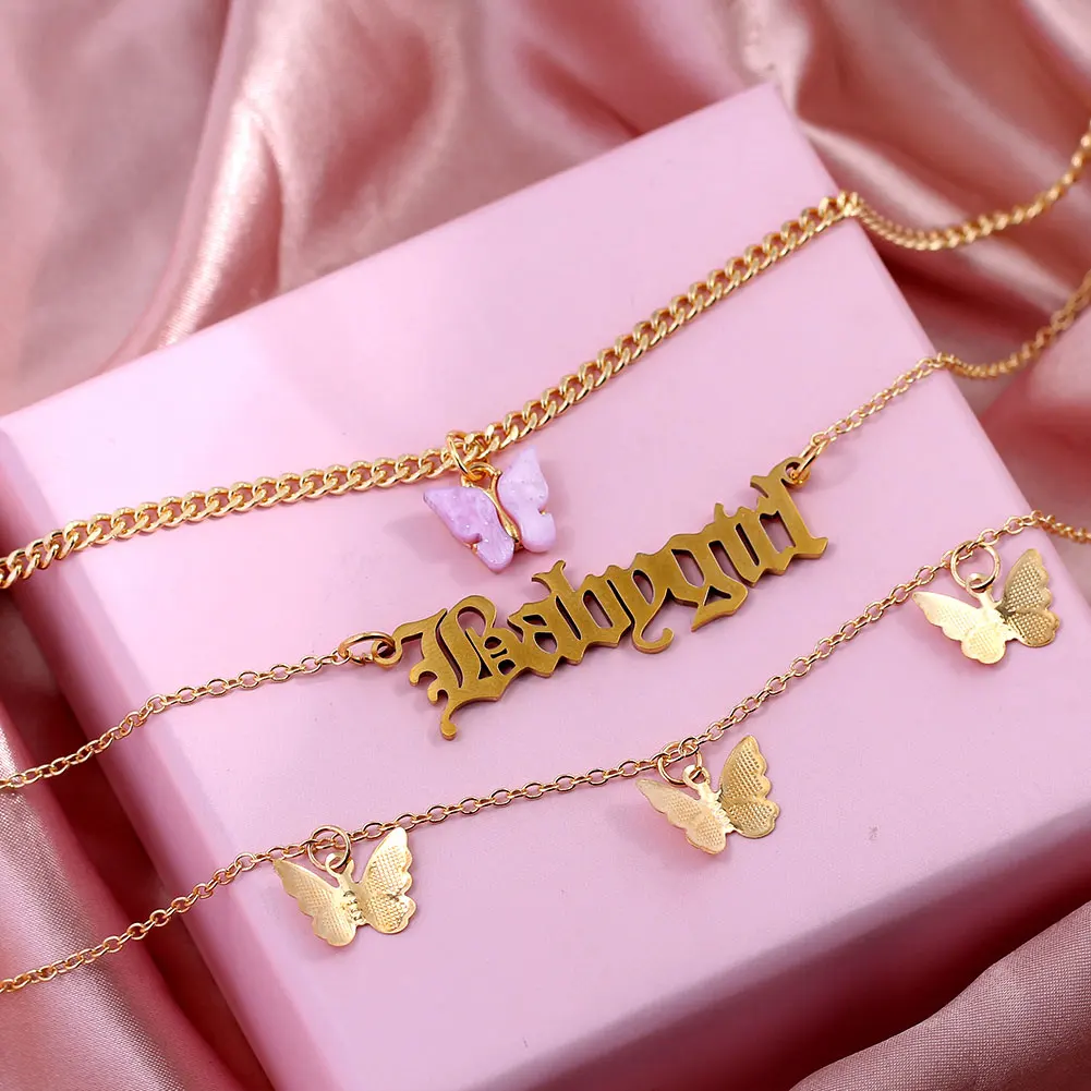 New Multi Layer Butterfly Dragon Charms Crystal Necklaces For Women Punk Golden Angel Letter Clavicle Chain Hiphop Gifts Jewelry